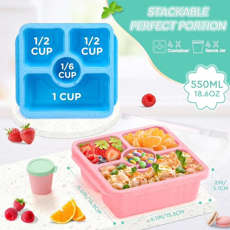 QQKO Bento Snack Box for Adults Kids, Lunchable Meal Prep Container Reusable, 4 Pack Divided Food Storage With Lids, Stackable Lunch Box With Sauce Cups, Pastel - Image 2